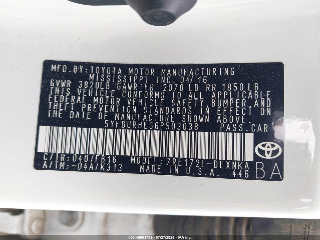 5YFBURHE5GP503038 2016 TOYOTA COROLLA photo no. 9
