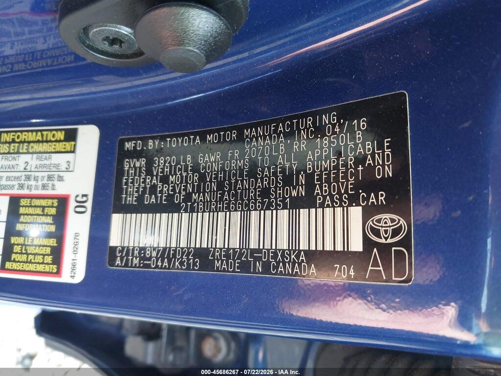 2T1BURHE6GC667351 2016 TOYOTA COROLLA photo no. 9