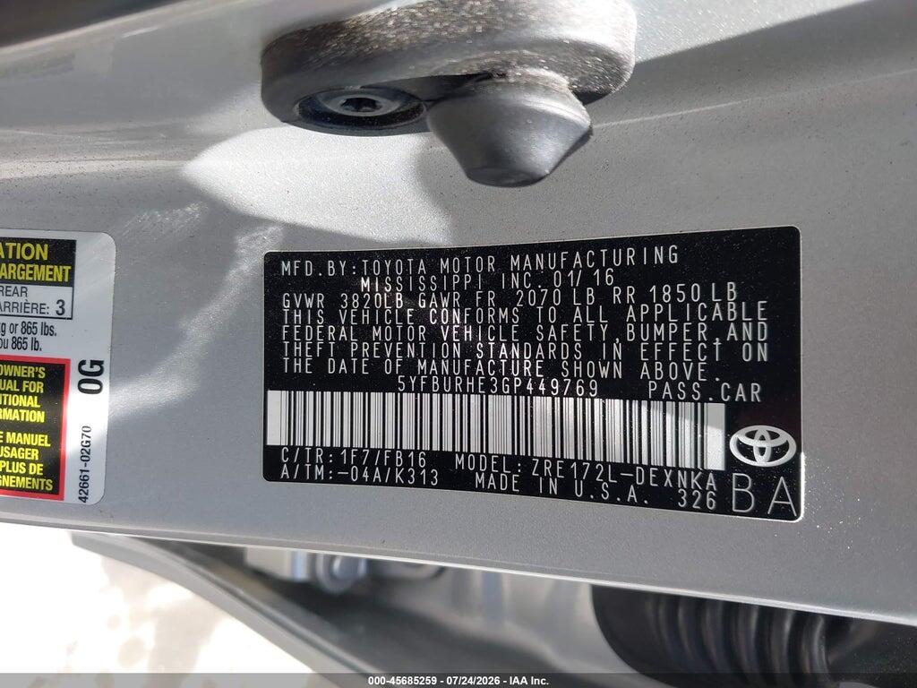 5YFBURHE3GP449769 2016 TOYOTA COROLLA photo no. 9