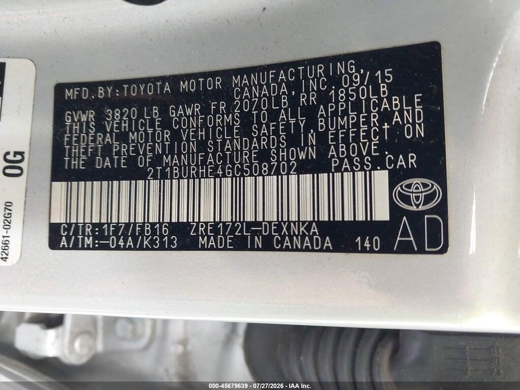 2T1BURHE4GC508702 2016 TOYOTA COROLLA photo no. 9