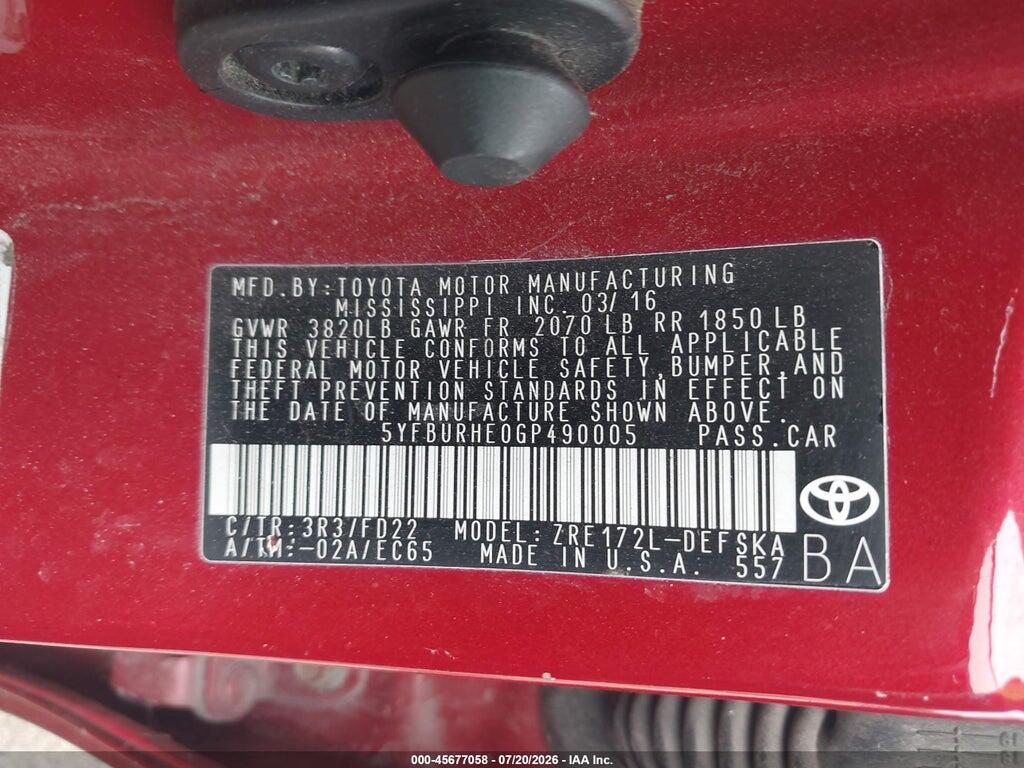 5YFBURHE0GP490005 2016 TOYOTA COROLLA photo no. 9
