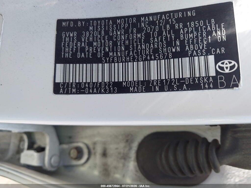 5YFBURHE2GP445678 2016 TOYOTA COROLLA photo no. 9