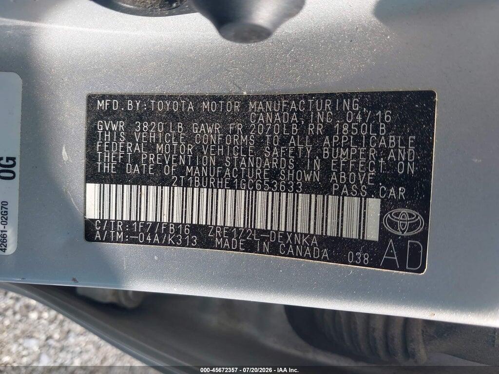 2T1BURHE1GC653633 2016 TOYOTA COROLLA photo no. 9