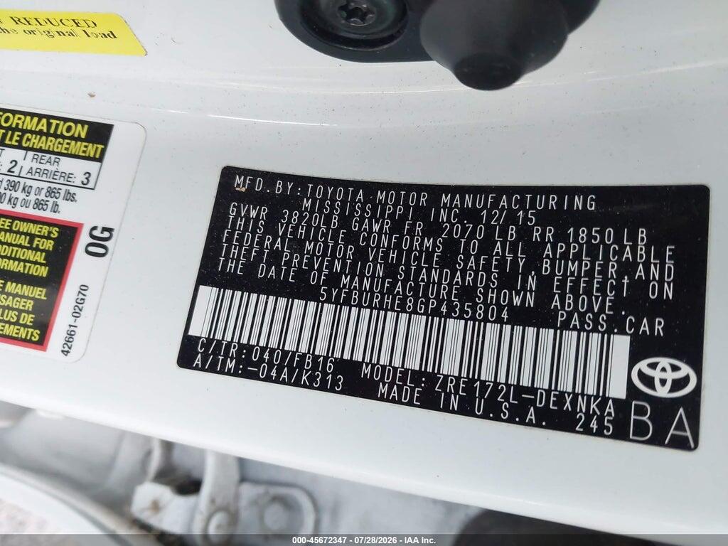 5YFBURHE8GP435804 2016 TOYOTA COROLLA photo no. 9