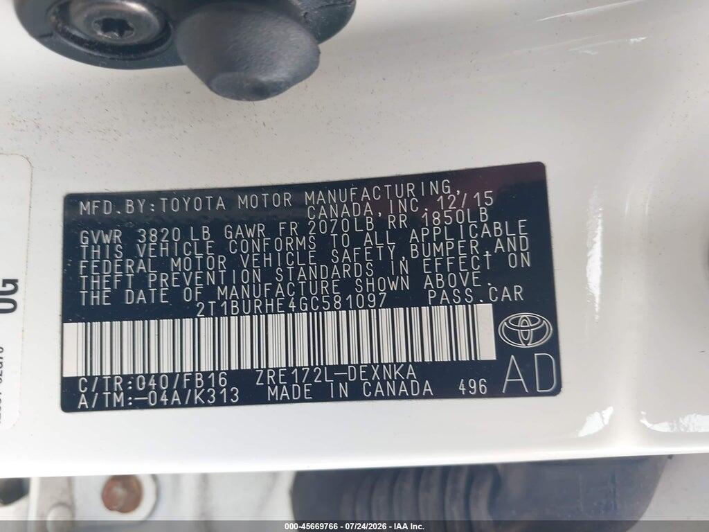 2T1BURHE4GC581097 2016 TOYOTA COROLLA photo no. 9