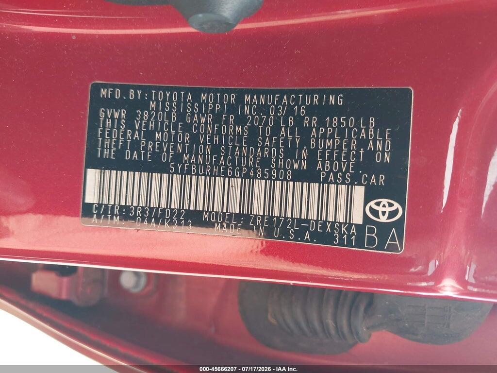 5YFBURHE6GP485908 2016 TOYOTA COROLLA photo no. 9