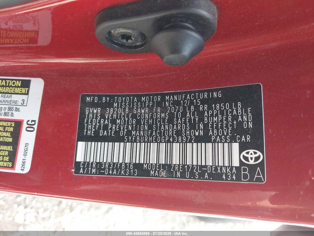 5YFBURHE0GP438972 2016 TOYOTA COROLLA photo no. 9