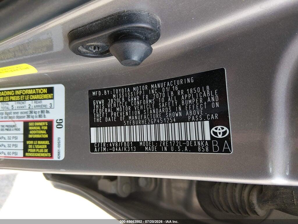 5YFBURHE2GP451254 2016 TOYOTA COROLLA photo no. 9