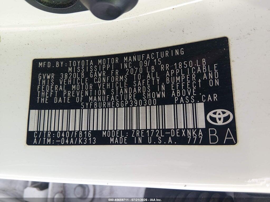 5YFBURHE6GP390300 2016 TOYOTA COROLLA photo no. 9