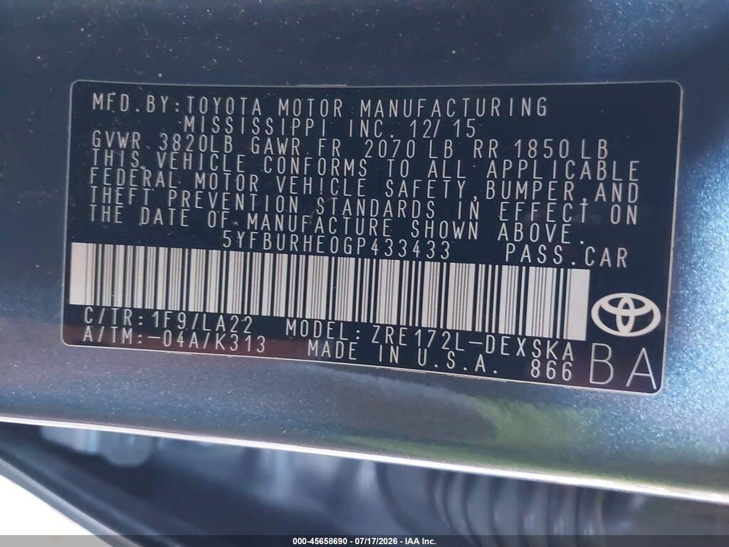 5YFBURHE0GP433433 2016 TOYOTA COROLLA photo no. 9