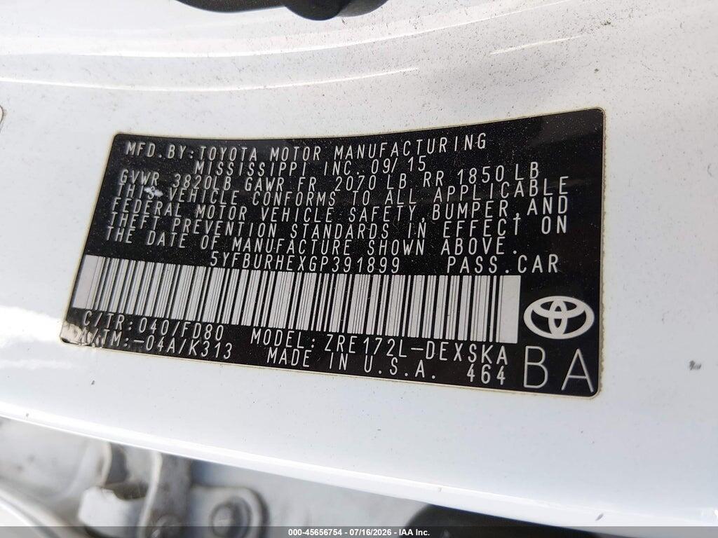 5YFBURHEXGP391899 2016 TOYOTA COROLLA photo no. 9