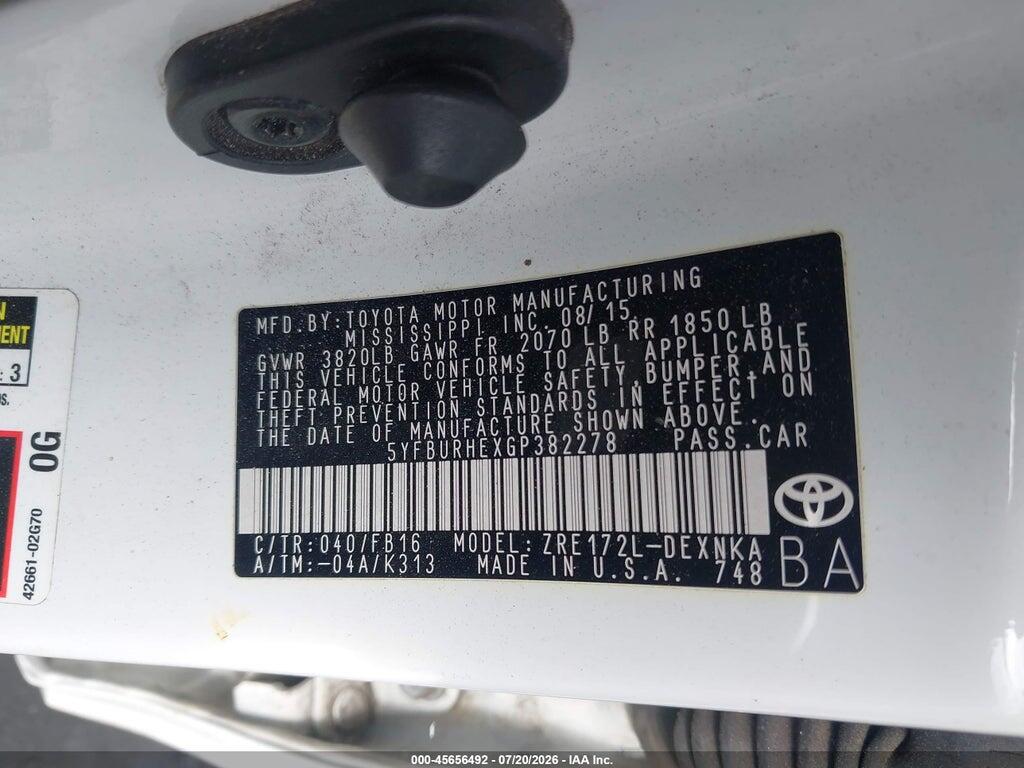 5YFBURHEXGP382278 2016 TOYOTA COROLLA photo no. 9