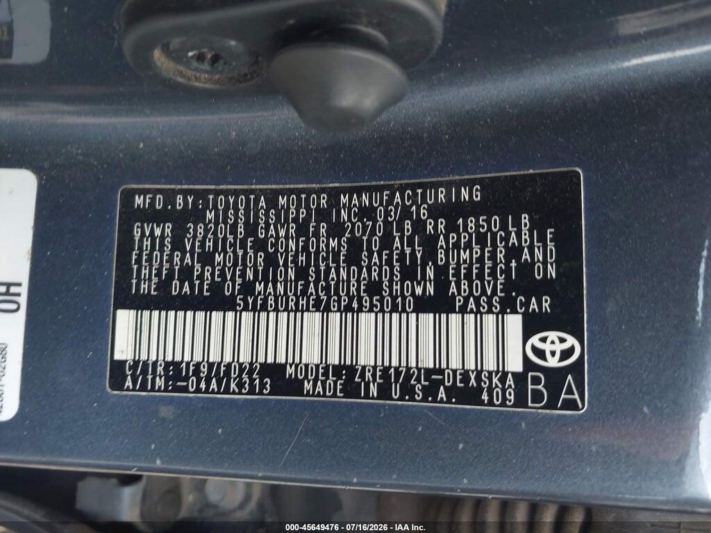 5YFBURHE7GP495010 2016 TOYOTA COROLLA photo no. 9