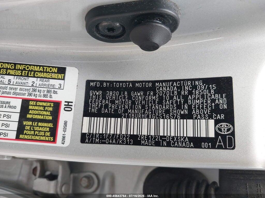 2T1BURHEXGC516576 2016 TOYOTA COROLLA photo no. 9