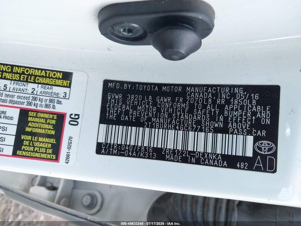 2T1BURHE4GC677165 2016 TOYOTA COROLLA photo no. 9