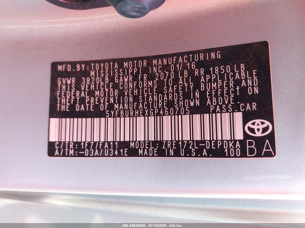 5YFBURHEXGP460705 2016 TOYOTA COROLLA photo no. 9