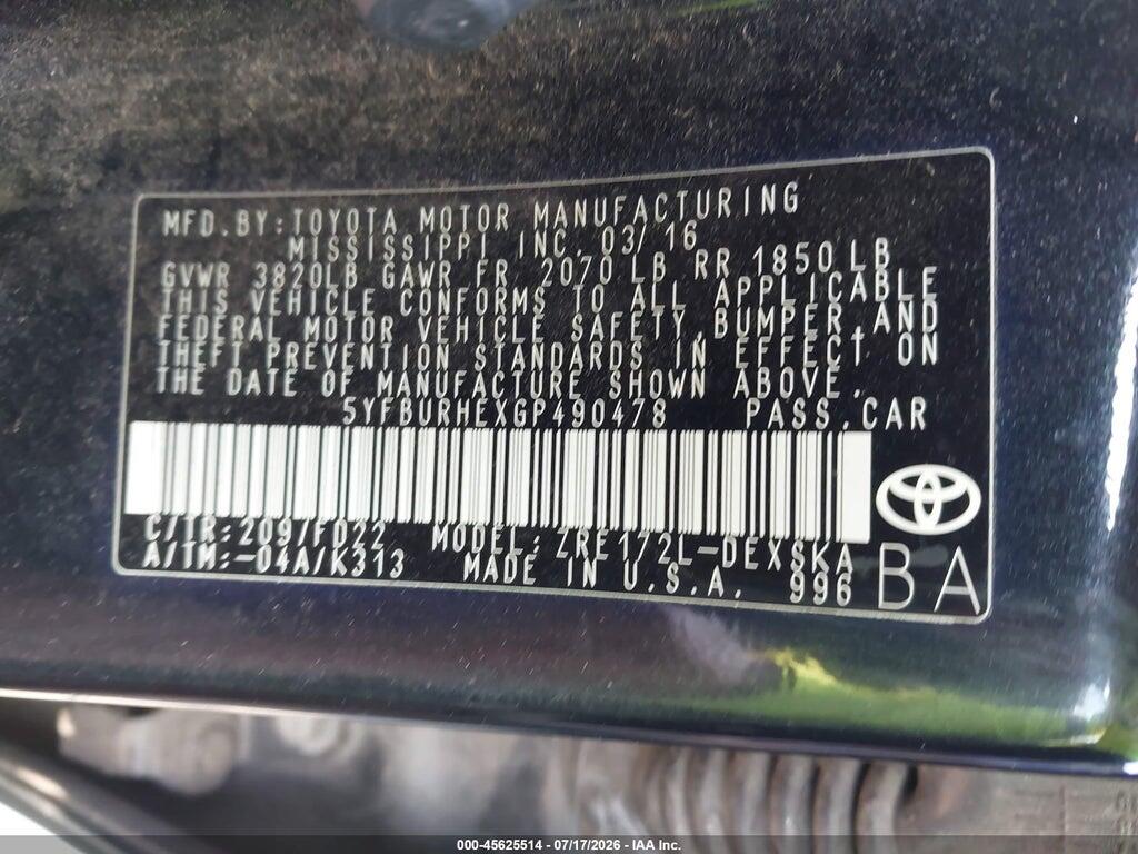 5YFBURHEXGP490478 2016 TOYOTA COROLLA photo no. 9