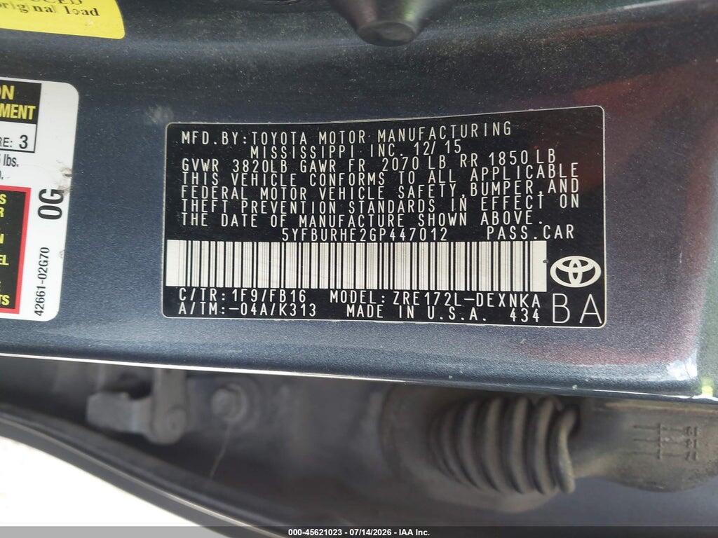 5YFBURHE2GP447012 2016 TOYOTA COROLLA photo no. 9