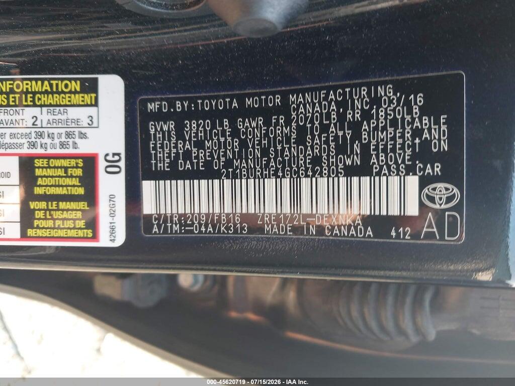 2T1BURHE4GC642805 2016 TOYOTA COROLLA photo no. 9