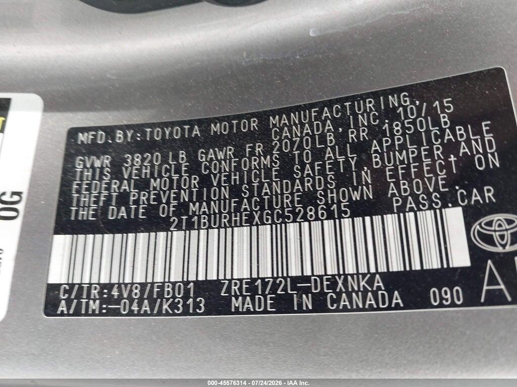 2T1BURHEXGC528615 2016 TOYOTA COROLLA photo no. 9