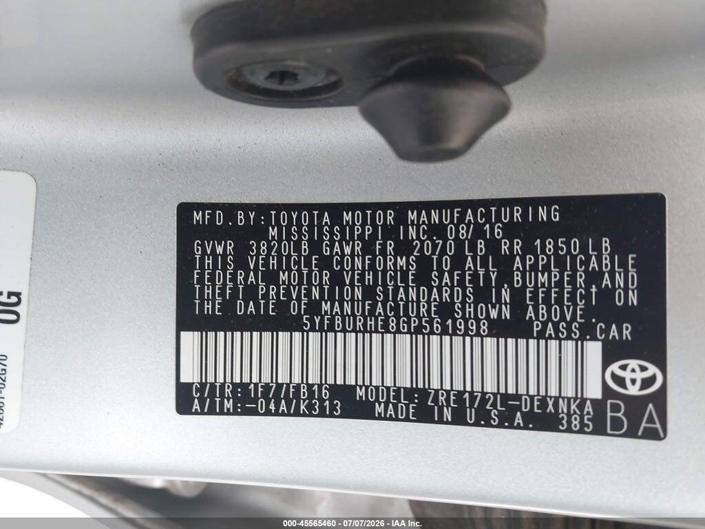 5YFBURHE8GP561998 2016 TOYOTA COROLLA photo no. 9