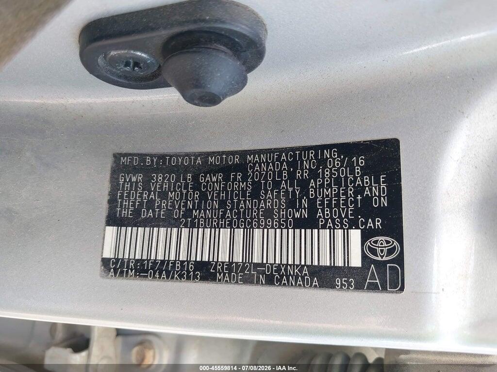 2T1BURHE0GC699650 2016 TOYOTA COROLLA photo no. 9