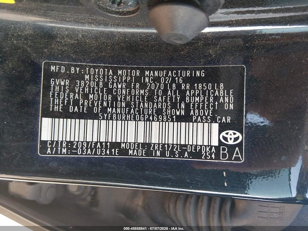 5YFBURHE0GP469851 2016 TOYOTA COROLLA photo no. 9