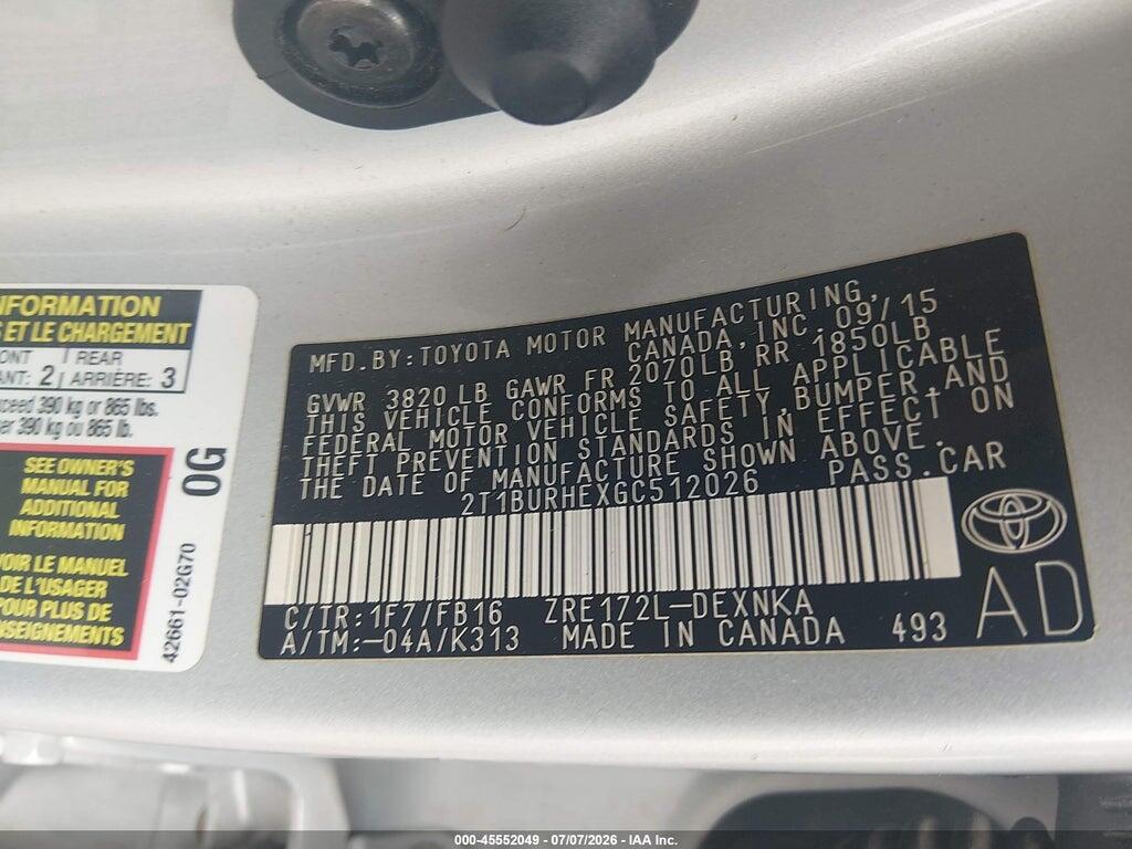 2T1BURHEXGC512026 2016 TOYOTA COROLLA photo no. 9