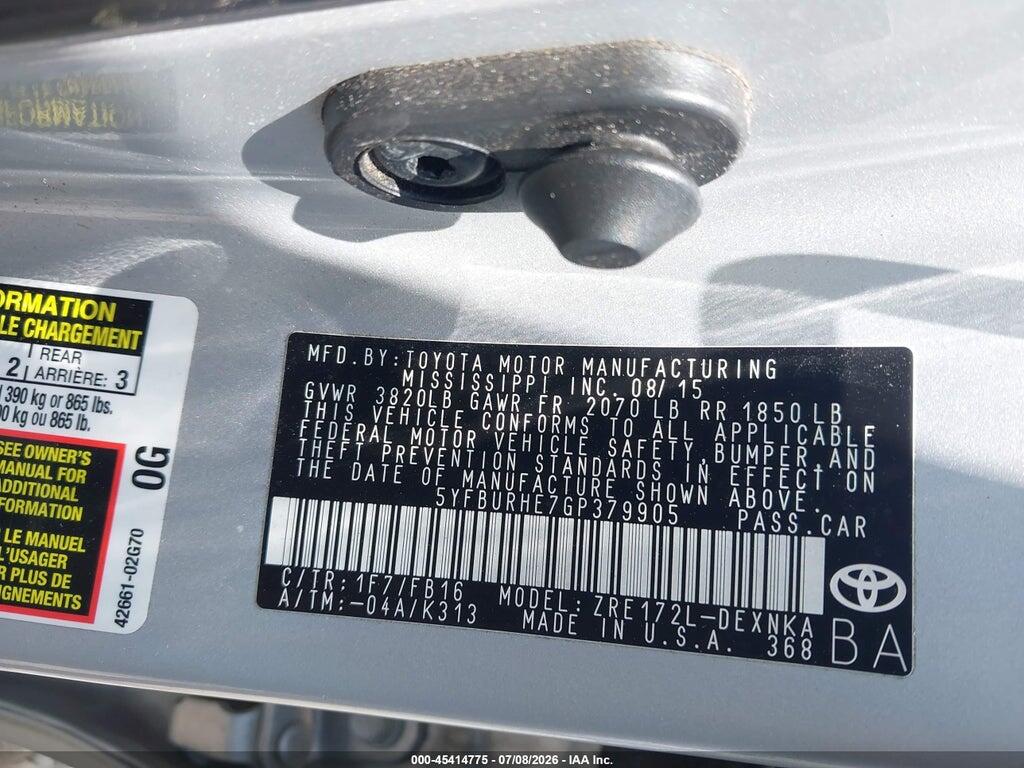 5YFBURHE7GP379905 2016 TOYOTA COROLLA photo no. 9