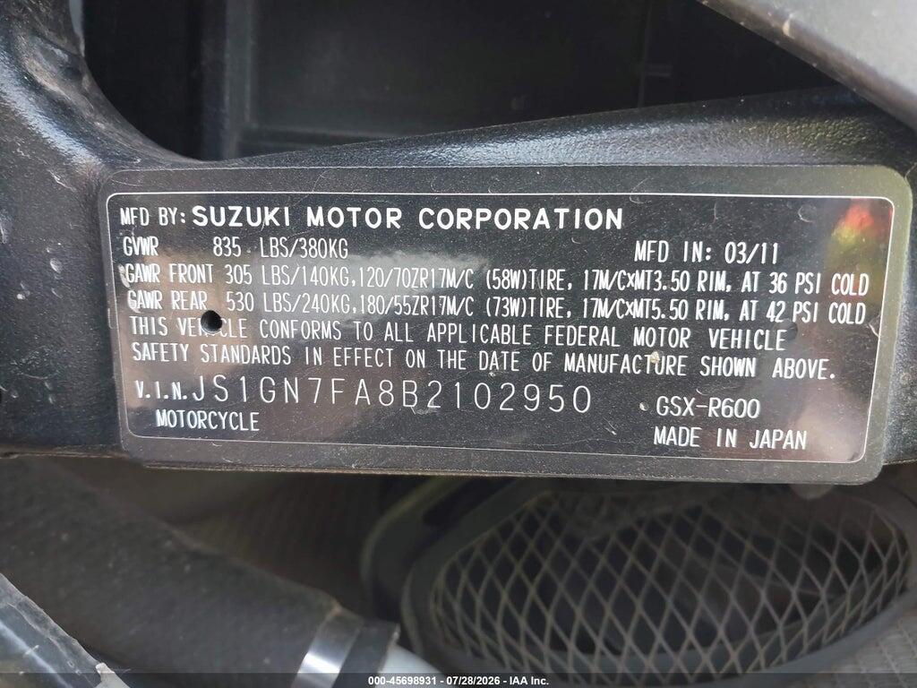 JS1GN7FA8B2102950 2011 SUZUKI GSX-R600 photo no. 10