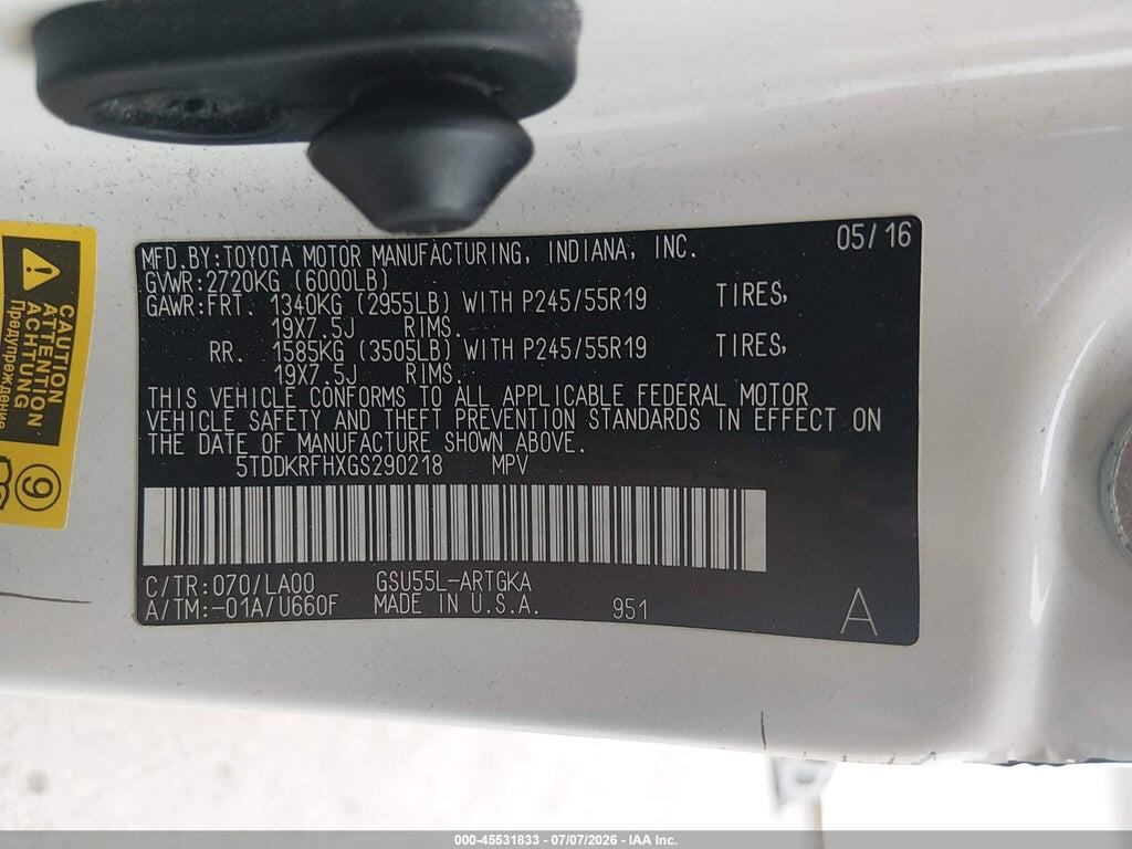 5TDDKRFHXGS290218 2016 TOYOTA HIGHLANDER photo no. 9