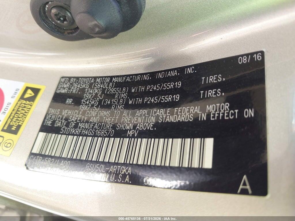 5TDYKRFH4GS168570 2016 TOYOTA HIGHLANDER photo no. 9