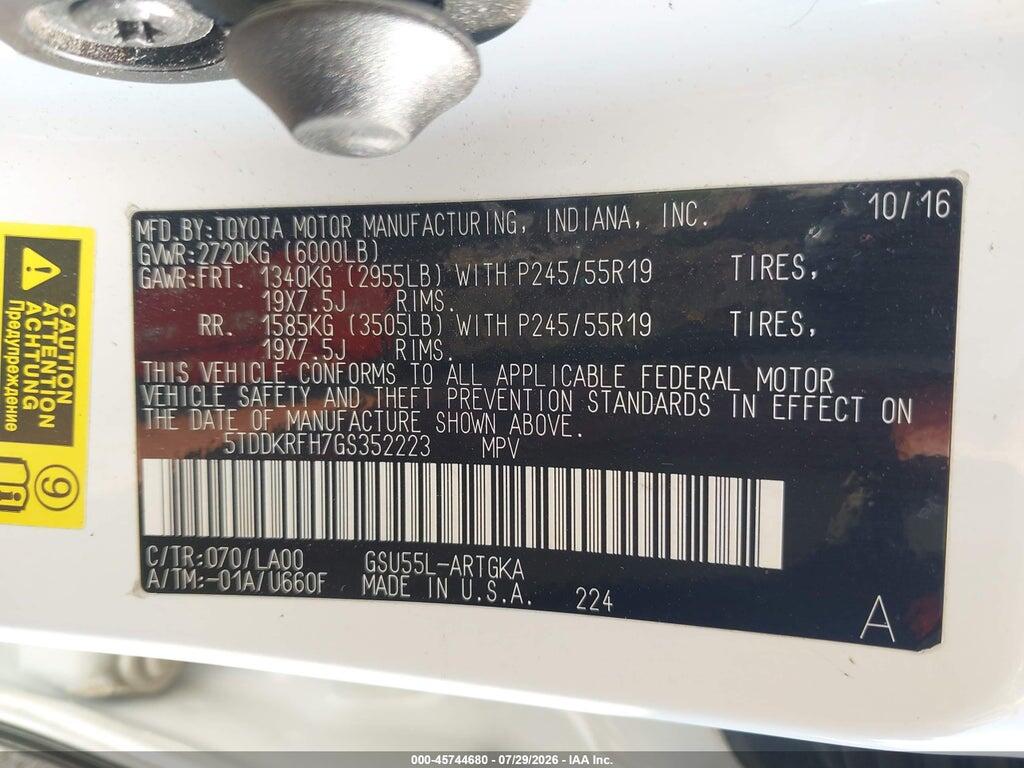 5TDDKRFH7GS352223 2016 TOYOTA HIGHLANDER photo no. 9