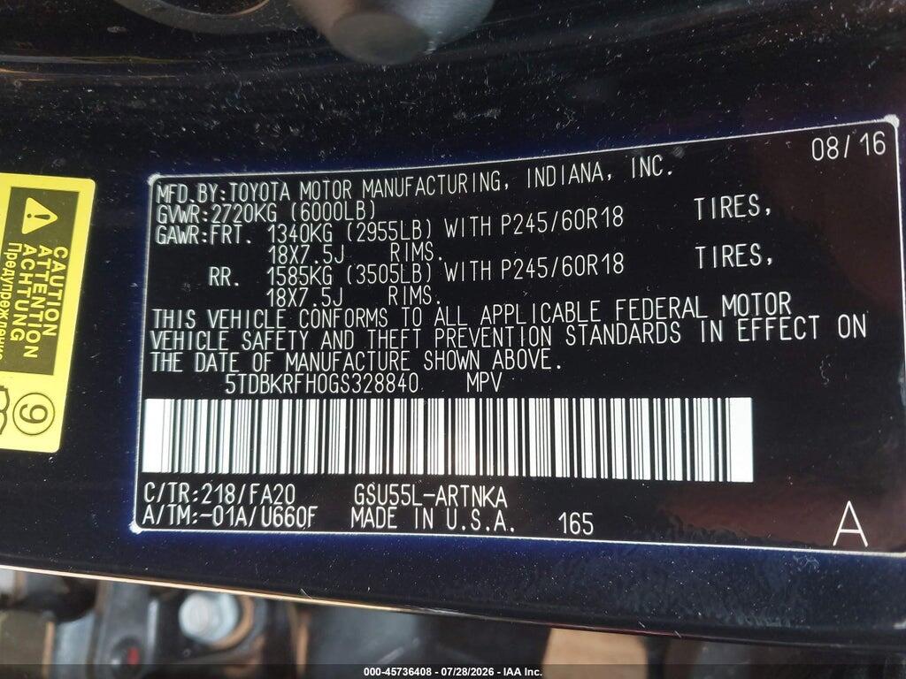 5TDBKRFH0GS328840 2016 TOYOTA HIGHLANDER photo no. 9