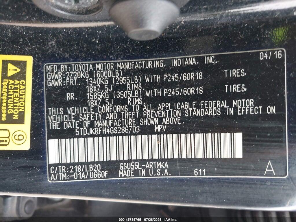 5TDJKRFH4GS286703 2016 TOYOTA HIGHLANDER photo no. 9