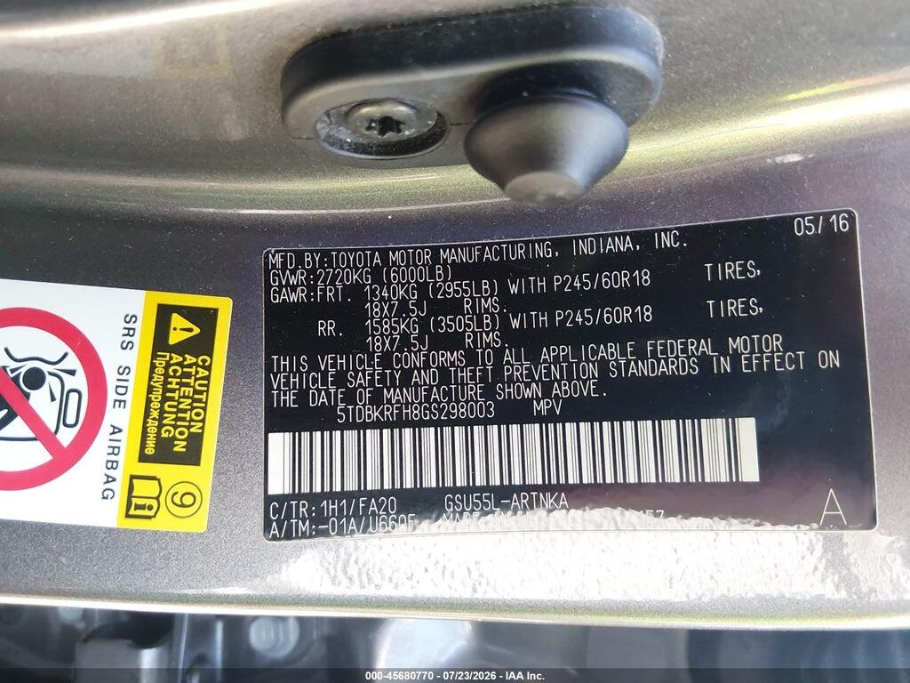 5TDBKRFH8GS298003 2016 TOYOTA HIGHLANDER photo no. 9