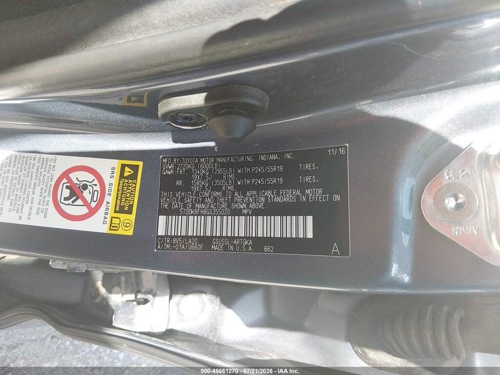 5TDDKRFH8GS355020 2016 TOYOTA HIGHLANDER photo no. 9