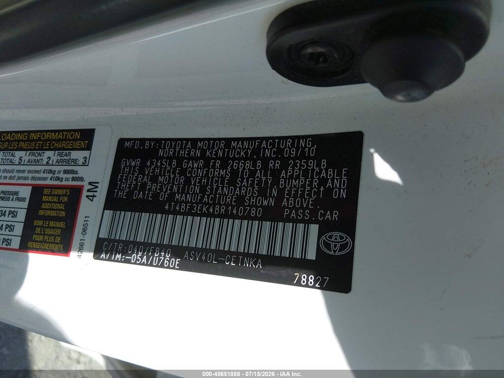 4T4BF3EK4BR140780 2011 TOYOTA CAMRY photo no. 9