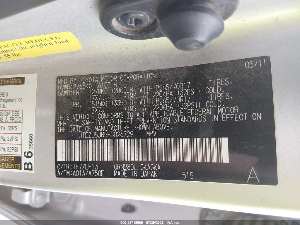 JTEZU5JR5B5026729 2011 TOYOTA 4RUNNER photo no. 9