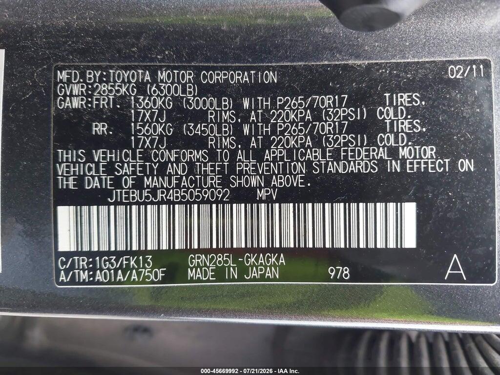 JTEBU5JR4B5059092 2011 TOYOTA 4RUNNER photo no. 9