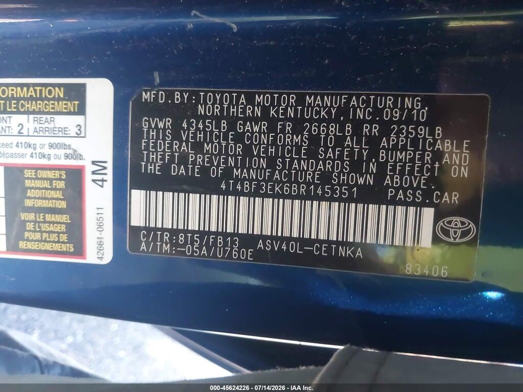 4T4BF3EK6BR145351 2011 TOYOTA CAMRY photo no. 9