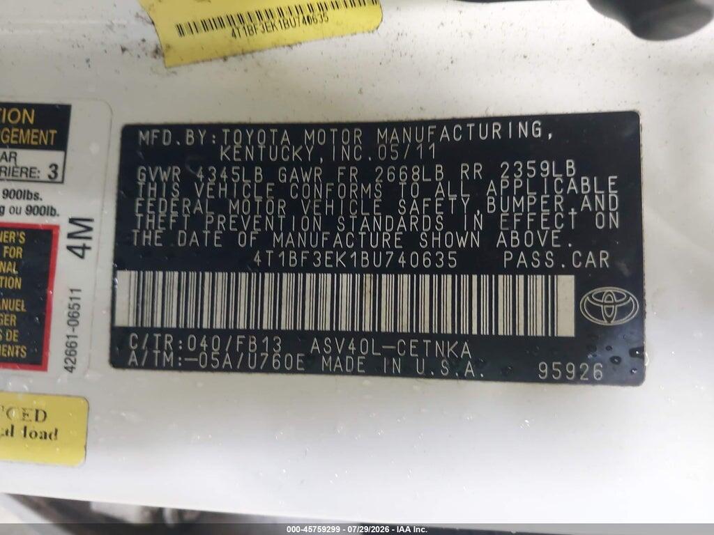 4T1BF3EK1BU740635 2011 TOYOTA CAMRY photo no. 9