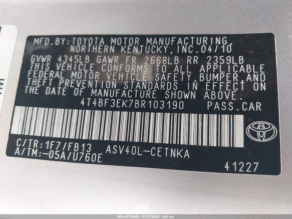 4T4BF3EK7BR103190 2011 TOYOTA CAMRY photo no. 9