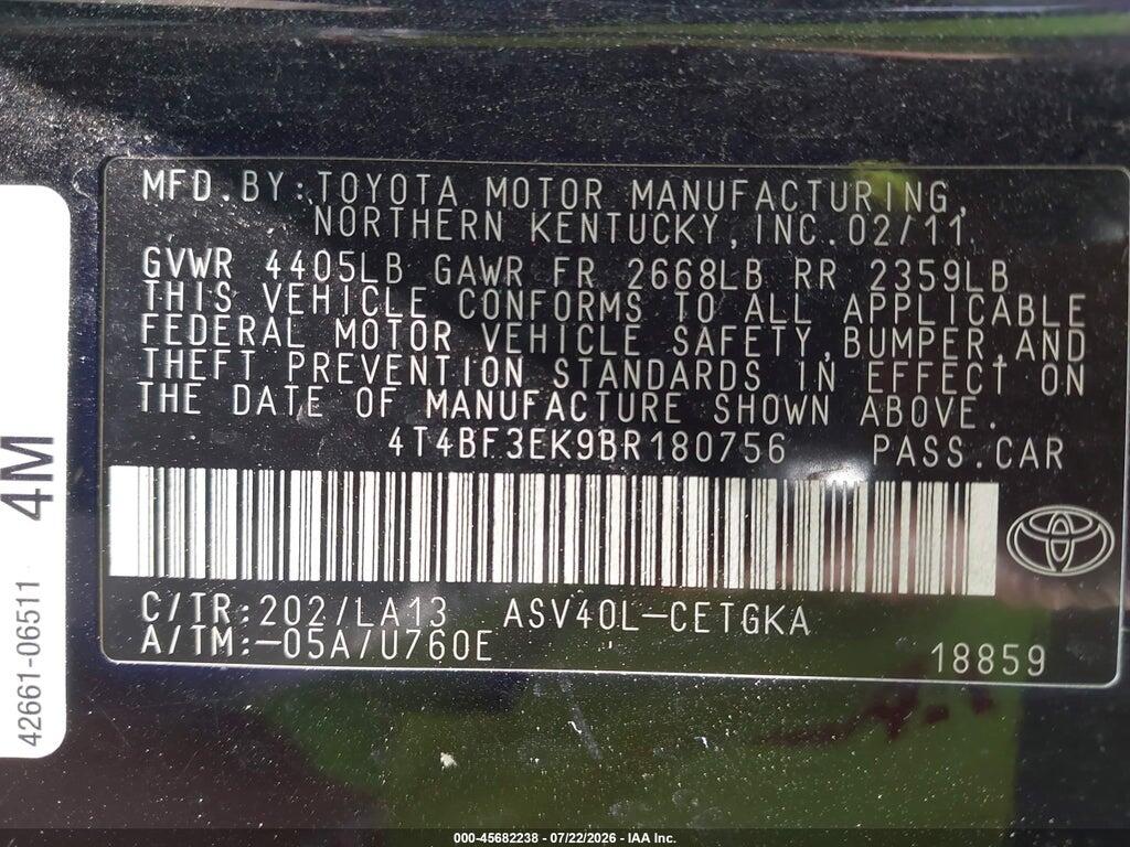 4T4BF3EK9BR180756 2011 TOYOTA CAMRY photo no. 9