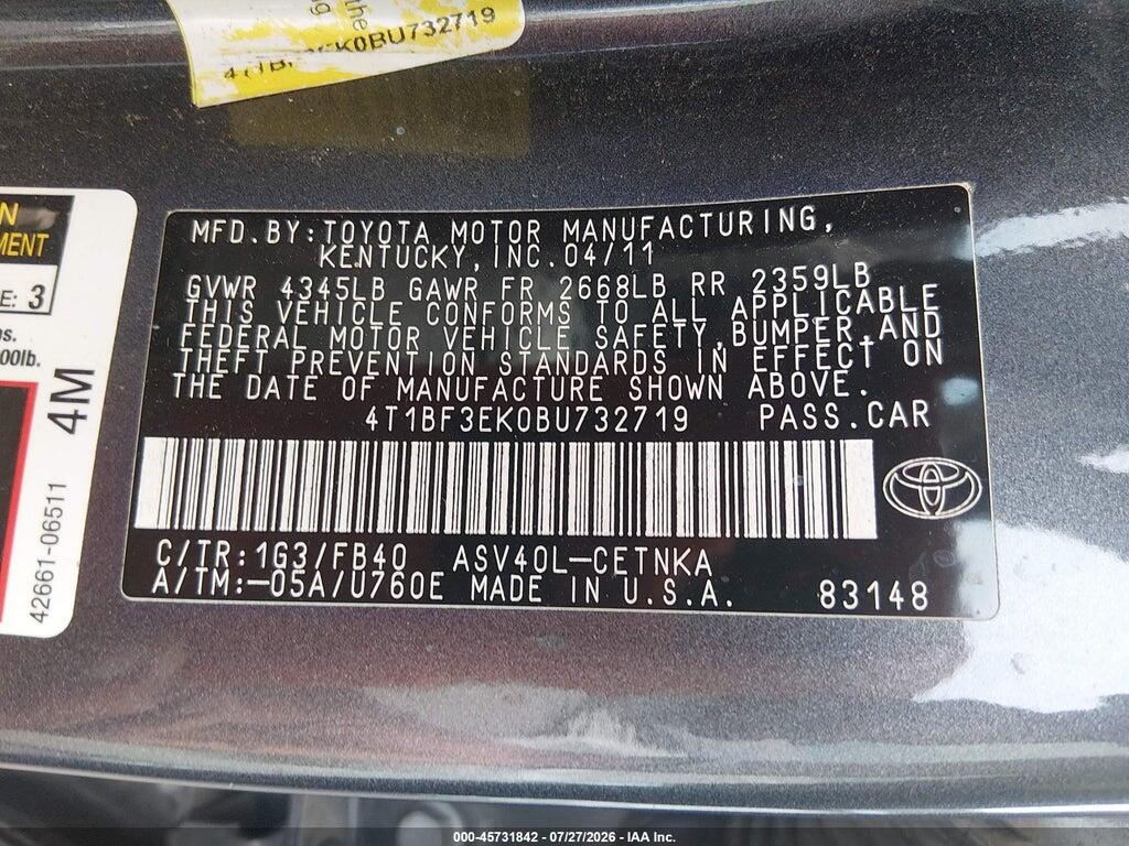 4T1BF3EK0BU732719 2011 TOYOTA CAMRY photo no. 9