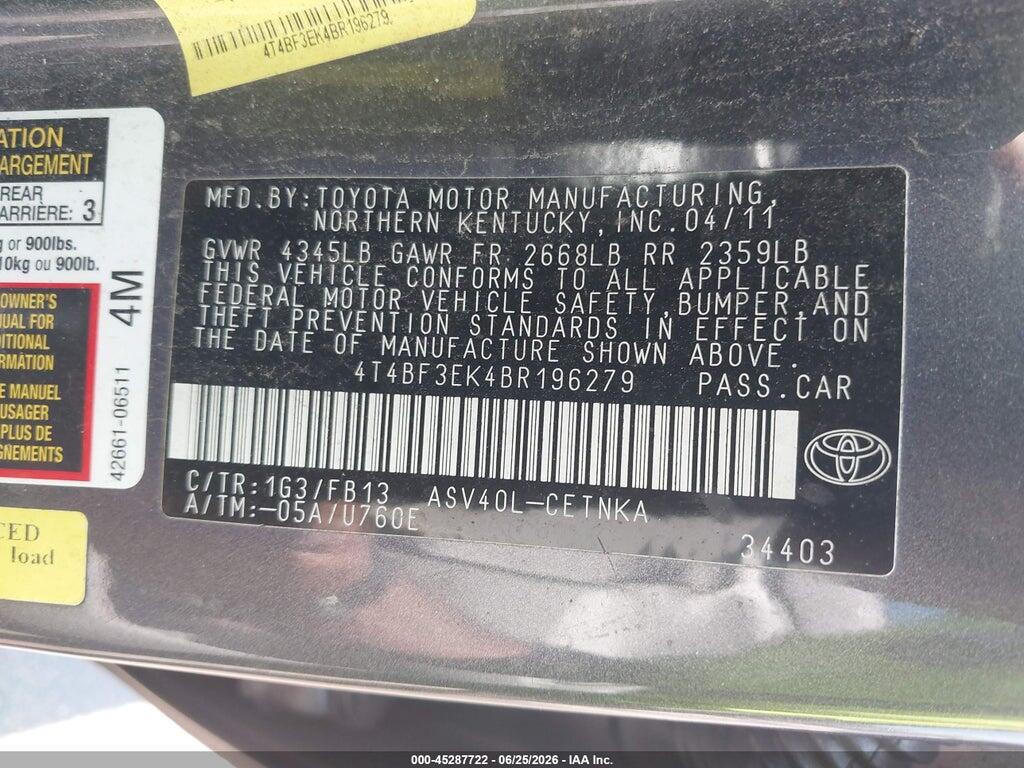 4T4BF3EK4BR196279 2011 TOYOTA CAMRY photo no. 9