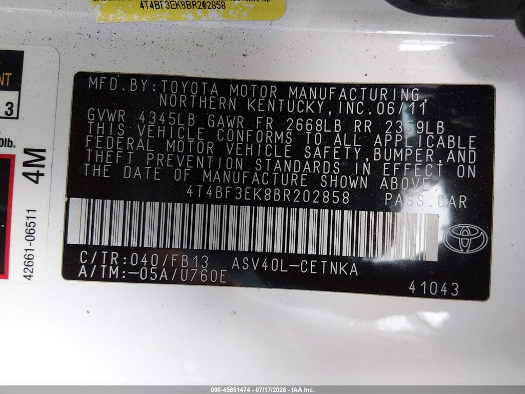 4T4BF3EK8BR202858 2011 TOYOTA CAMRY photo no. 9