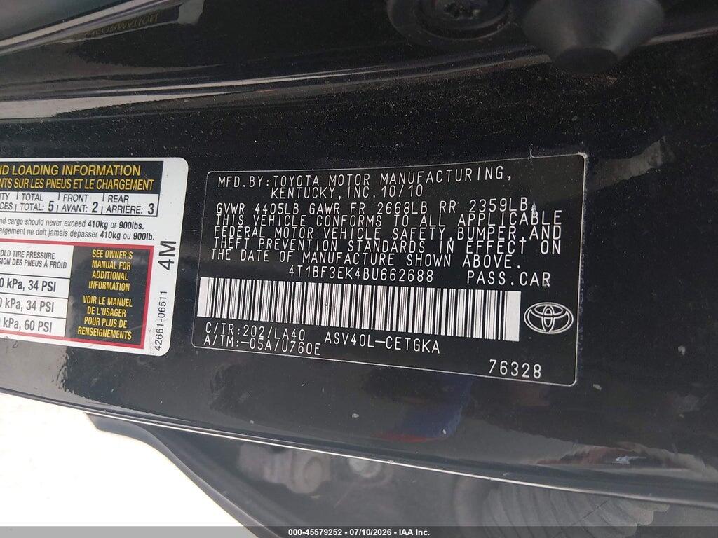 4T1BF3EK4BU662688 2011 TOYOTA CAMRY photo no. 9