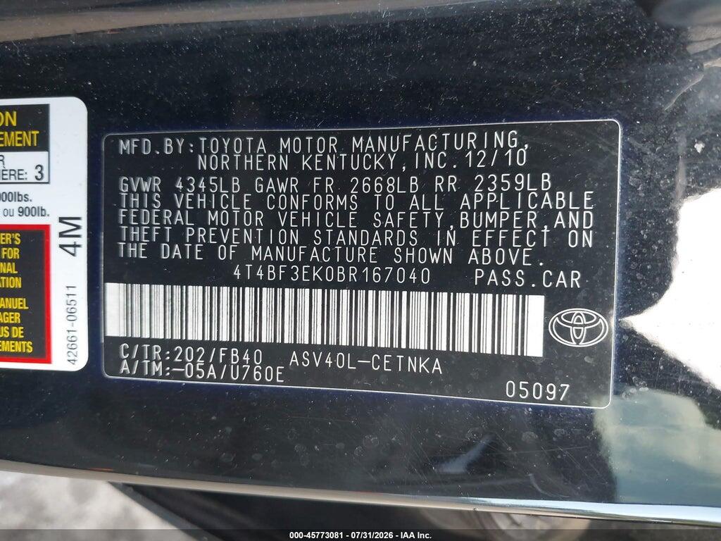 4T4BF3EK0BR167040 2011 TOYOTA CAMRY photo no. 9