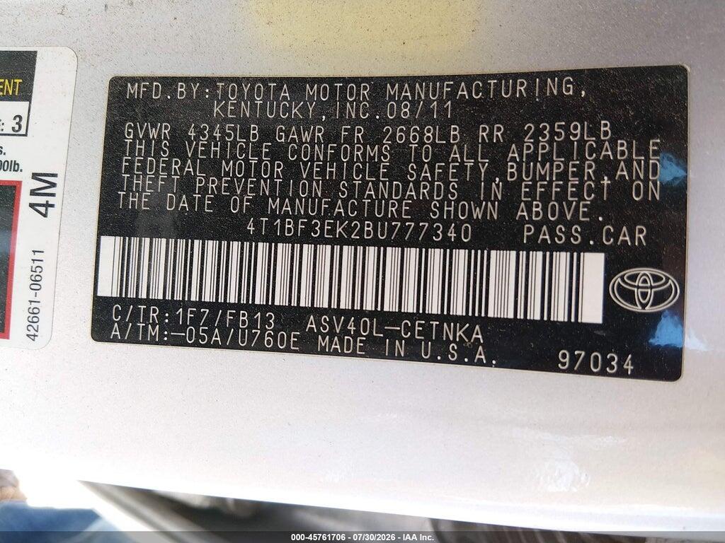 4T1BF3EK2BU777340 2011 TOYOTA CAMRY photo no. 9